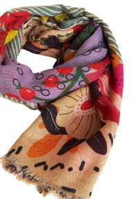 Colorful, floral-patterned scarf featuring shades of purple, red, and green. Made of soft fabric with fringed edges.