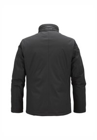 Schwarze, wasserdichte Jacke mit hohem Kragen, glatter Textur und subtilen Nahtdetails. Verfügt über ein Logo am hinteren Halsauschnitt.