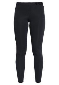 Černé legíny Nike s texturovaným povrchem, těsným střihem a elastickým pasem se značkovým názvem. Žádné další vzory nebo akcenty.