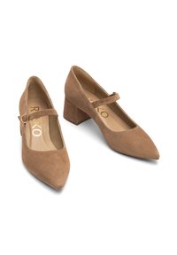 Pantofii cu toc Mary Jane din suede maro, cu vârful pătrat, toc jos tip block și o curea ajustabilă pe gleznă. Interior neted.