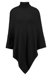 Schwarzer Strickponcho mit hohem Rollkragen, lockerem, asymmetrischem Design und glatter Textur. Mit einem dreieckigen Saum abgeschlossen.