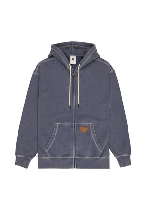 Donkerblauwe hoodie met rits, voorzakken, beige trekkoorden en een klein bruin leren label op de zak.