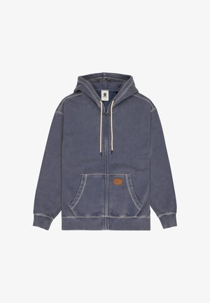 Donkerblauwe hoodie met rits, voorzakken, beige trekkoorden en een klein bruin leren label op de zak.