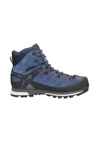 Scarpa da trekking in suede blu scuro con punta in gomma nera. Presenta occhielli rinforzati, parte superiore texturizzata e una suola robusta e resistente con grip.