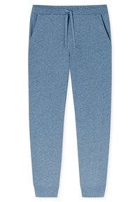 Blauwe katoenen sweatpants met een trekkoord in de taille, twee zijzakken en taps toelopende pijpen. Kenmerkt zich door een gestructureerde, gemêleerde stofafwerking.