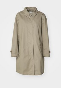 Trench beige en tissu léger. Comprend un col pointu, des manches longues avec des boutons décoratifs et des poches latérales.