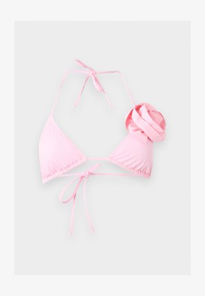 Light pink triangle bikini top with halter neck ties and a fabric rose detail on one cup.