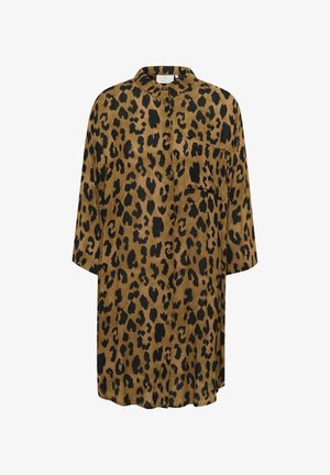 Leopard print shirt in brown and black, featuring a collar, button front, single pocket, and loose fit with elbow-length sleeves.