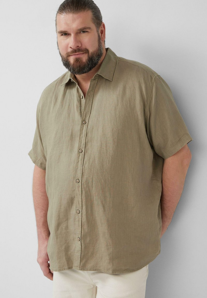 Kurzärmliges Button-Down-Hemd aus olivgrünem Leinen, mit kragenlosem Ausschnitt, vorderer Knopfleiste und lässiger Passform.