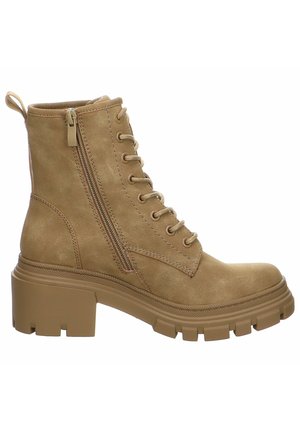 Bottine couleur tan avec lacets, fermeture éclair latérale, talon carré et semelle robuste, en matériau imitation daim.