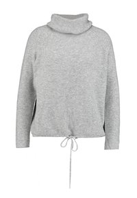 Grijze, lichte trui met een hoge col, raglanmouwen en een koord aan de onderkant voor een verstelbare pasvorm. Zachte textuur, casual ontwerp.