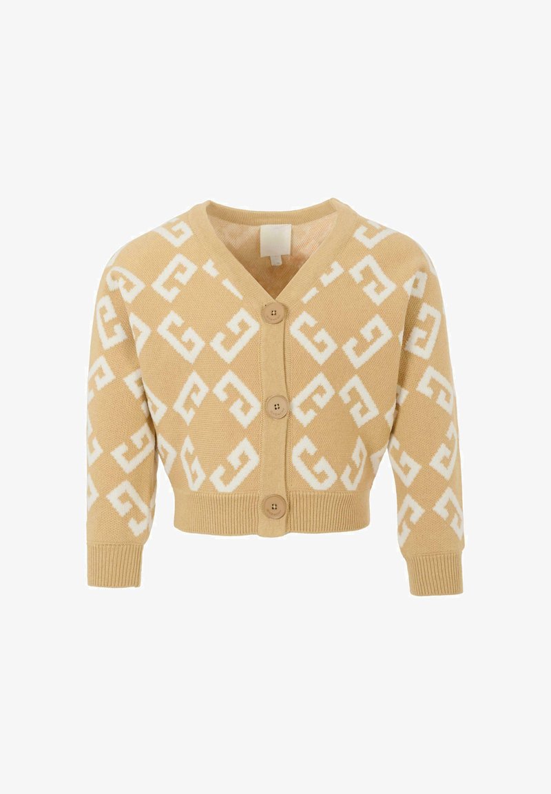 Cardigan beige lavorato a maglia con motivo geometrico bianco, scollo a V, tre bottoni e polsini e orlo a coste. Tessuto strutturato, design corto.
