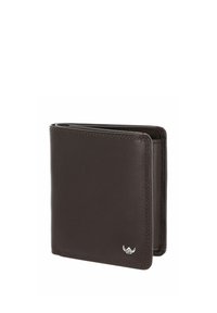Portefeuille bifold en cuir marron foncé avec un petit logo argenté dans le coin inférieur droit, présenté partiellement ouvert sur fond blanc.