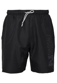 Schwarze Badeshorts mit elastischem Bund und Kordelzug. Mit einem dezenten Logo und Muster am linken Bein. Schnell trocknender Stoff.