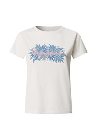Λευκό T-shirt με κοντό μανίκι, με μπλε τροπικά φύλλα και ροζ κείμενο "Pepe Jeans London" τυπωμένα στο στήθος.