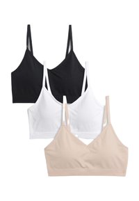 Tres sujetadores sin aros en negro, blanco y nude. Hechos de tela suave, con un diseño de escote en V y tirantes ajustables.