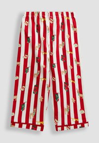 Punavalkoraidalliset pyjamahousut, joissa on lomateemaisia kuvioita, kuten poroja, joulusukkia ja piparkakkuaiheita. Kuminauhavyötärö.