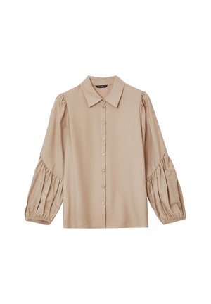 Blusa beige con bottoni, maniche lunghe a palloncino e polsini elastici, dotata di colletto classico e tessuto leggermente strutturato.