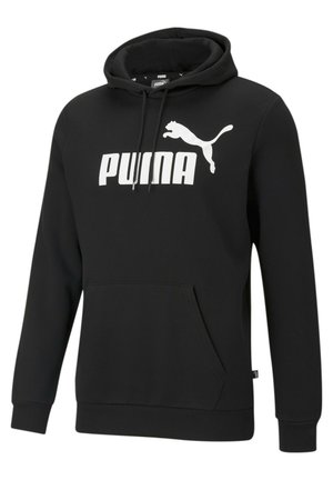 Felpa nera in pile con tasca a marsupio frontale, caratterizzata da un grande logo "PUMA" bianco e da una silhouette di puma bianca sul petto.