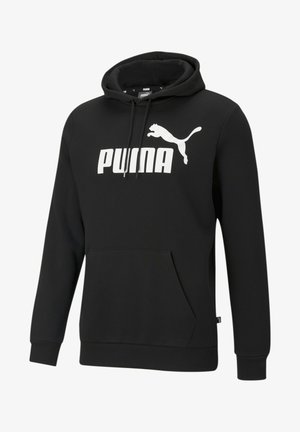 Felpa nera in pile con tasca a marsupio frontale, caratterizzata da un grande logo "PUMA" bianco e da una silhouette di puma bianca sul petto.