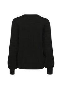 Schwarzer Pullover mit langen Ärmeln, strukturierten Strickärmeln und geripptem Kragen sowie Saum. Unifarbene Rückseite mit lockerer Passform und leicht verkürztem Schnitt.