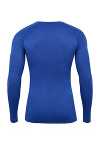 Langärmliges Sportshirt in Blau, mit glatter Textur, körperbetontem Design und nahtlosen Schultern für optimale Bewegungsfreiheit.