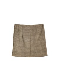 Gonna a scacchi in tessuto marrone e beige, con un taglio dritto e pieghe sottili. Il materiale testurizzato aggiunge profondità al motivo.