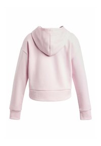 Helle pinke, cropped Hoodie mit langen Ärmeln, gerippten Bündchen und Kapuze, von hinten auf weißem Hintergrund gezeigt.