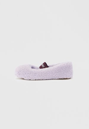 Purple fluffy slipper with a soft texture, rounded toe, and a band detail at the heel. Features a cushioned sole for comfort.