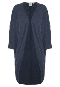 Marineblauer offener Strickcardigan mit langen Ärmeln und gerippten Bündchen, lockere Passform und strukturierter Stoffmuster.
