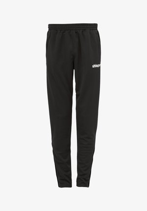 Zwarte sportieve broeken van glad, lichtgewicht stof. Voorzien van een elastische tailleband en een wit logo aan de linkerkant.