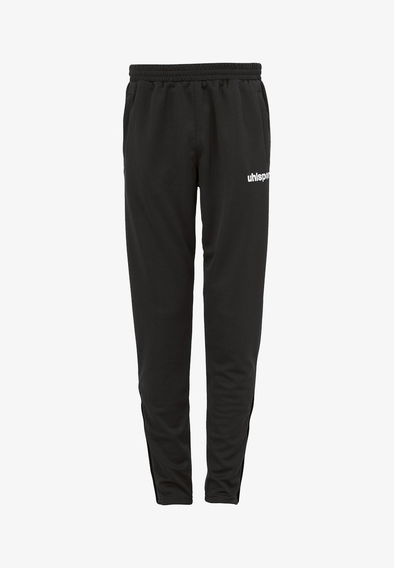 Zwarte sportieve broeken van glad, lichtgewicht stof. Voorzien van een elastische tailleband en een wit logo aan de linkerkant.