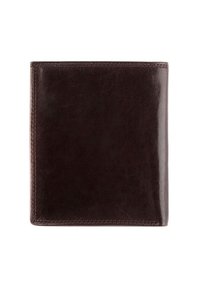 Portafoglio in pelle marrone con una texture liscia, forma rettangolare e bordi cuciti. Design minimalista senza hardware o accenti aggiuntivi.
