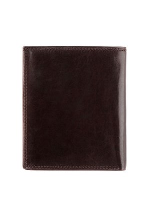 Hnědá kožená peněženka s hladkým povrchem, obdélníkovým tvarem a prošívanými okraji. Minimalistický design bez dalších ozdob či akcentů.