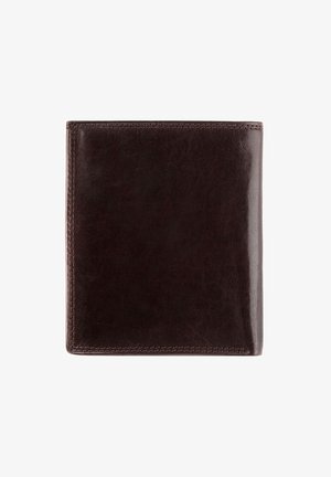 Portefeuille en cuir marron avec une texture lisse, de forme rectangulaire et bords cousus. Design minimaliste sans matériel ou accents supplémentaires.