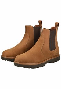Botas Chelsea de ante marrón que cuentan con paneles laterales elásticos, lengüetas y una suela de goma resistente con un dibujo texturizado.
