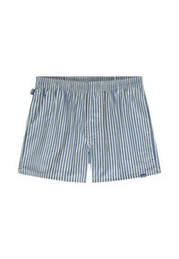 Šviesiai mėlynos ir baltos dryžuotos bokserio šortai, turintys elastingą juosmenį ir mažą prekės ženklo etiketę kairiajame apačioje.