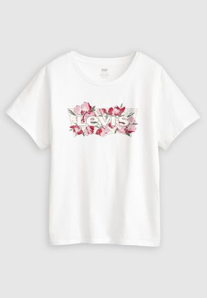 Baltos medvilninės marškinėliai su gėlėto dizainu, kuriame rausvos žydinčios gėlės supa „Levi's“ logotipą didžiosiomis raidėmis. Trumpomis rankovėmis ir apvalia iškirpte.