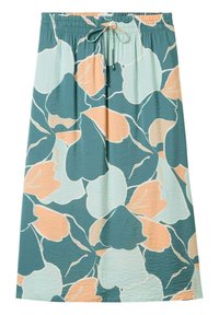 Une jupe bleu-vert avec un motif floral en vert clair et pêche, en tissu texturé et dotée d'une taille élastique avec un cordon de serrage.
