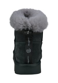 Schwarze Wildleder-Stiefelette mit einem weichen grauen Kunstpelzkragen, seitlichem Reißverschluss und Logo-Details an der Ferse. Strukturiert Oberfläche mit einer soliden Sohle.