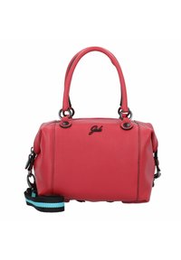 Borsa a tracolla in pelle rossa con finitura a ciottoli, dotata di doppio manico, dettagli neri e una tracolla rimovibile con strisce blu. Logo centrato sulla parte anteriore.
