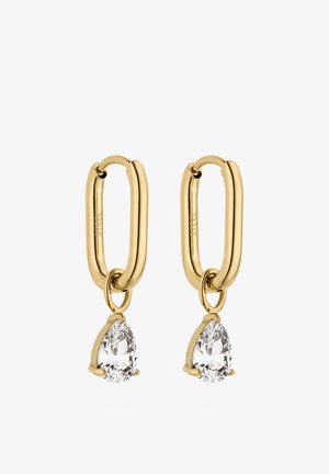 Ohrhänger aus goldfarbenem Metall mit langgestrecktem ovalem Haken-Design, an denen jeweils ein tropfenförmiger klarer Kristalltropfen hängt.