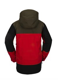 Veste imperméable colorée avec une capuche verte, un torse rouge et des manches noires. Comprend des détails zippés et une coupe droite.