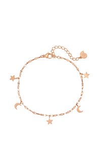 Pulsera de oro rosa con encantos intercalados de estrellas y lunas, con una cadena enlazada y un cierre de langosta.