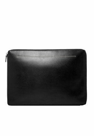 Black leather laptop bag with a smooth texture, zip closure, and subtle silver stitching along the top edge. Rectangular shape, sleek design.