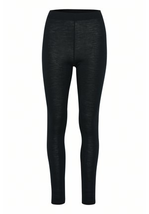 Leggings noirs en matériau extensible avec une texture lisse, dotés d'une taille haute et d'un design ajusté, se rétrécissant au niveau de la cheville.