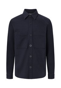 Camicetta button-up blu scuro con colletto, maniche lunghe, due tasche sul petto e un finish in tessuto testurizzato.