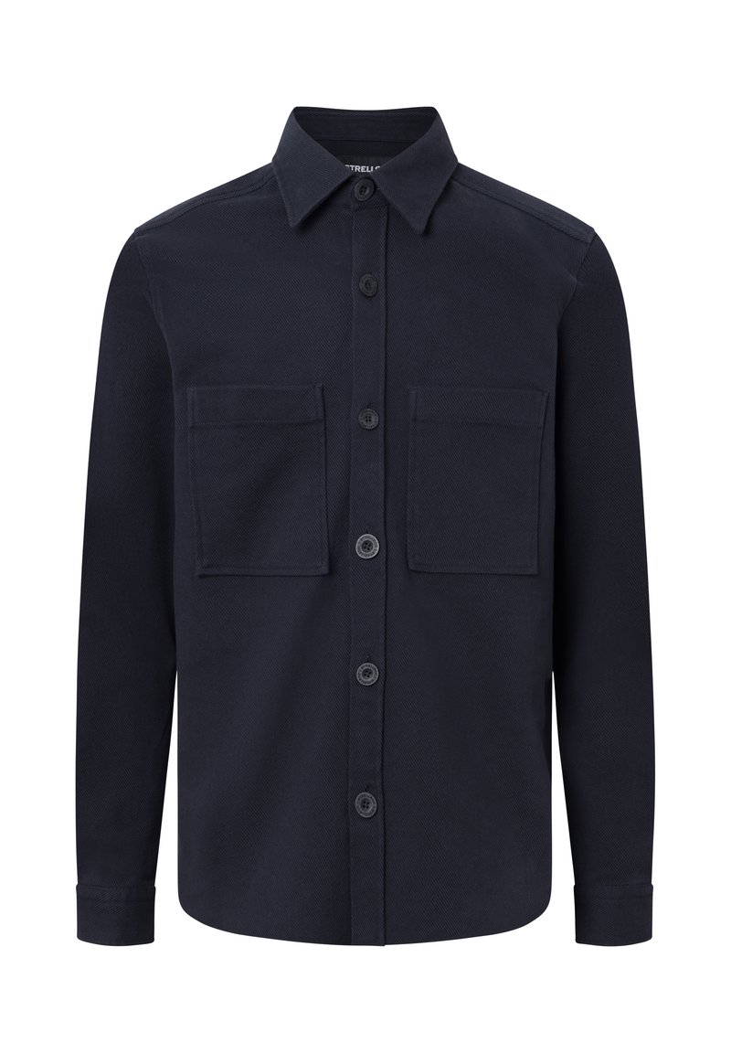 Camicetta button-up blu scuro con colletto, maniche lunghe, due tasche sul petto e un finish in tessuto testurizzato.