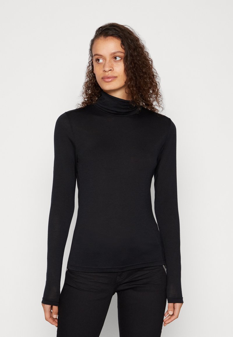 Black long-sleeve turtleneck top, made of a stretchy, smooth material. Fitted design with slim sleeves, slight gathering at the neckline.