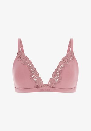 Rosa BH aus glattem Stoff mit floralem Spitzenbesatz am Ausschnitt. Verfügt über verstellbare Träger und ein elastisches Band mit "GUESS"-Logo.